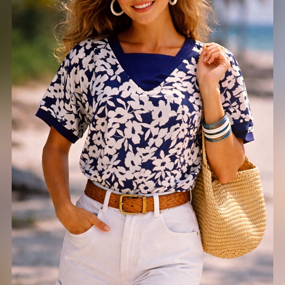 Vintage Goola Gong Hawaiian Floral Print Top Purple and White Women's Size Small